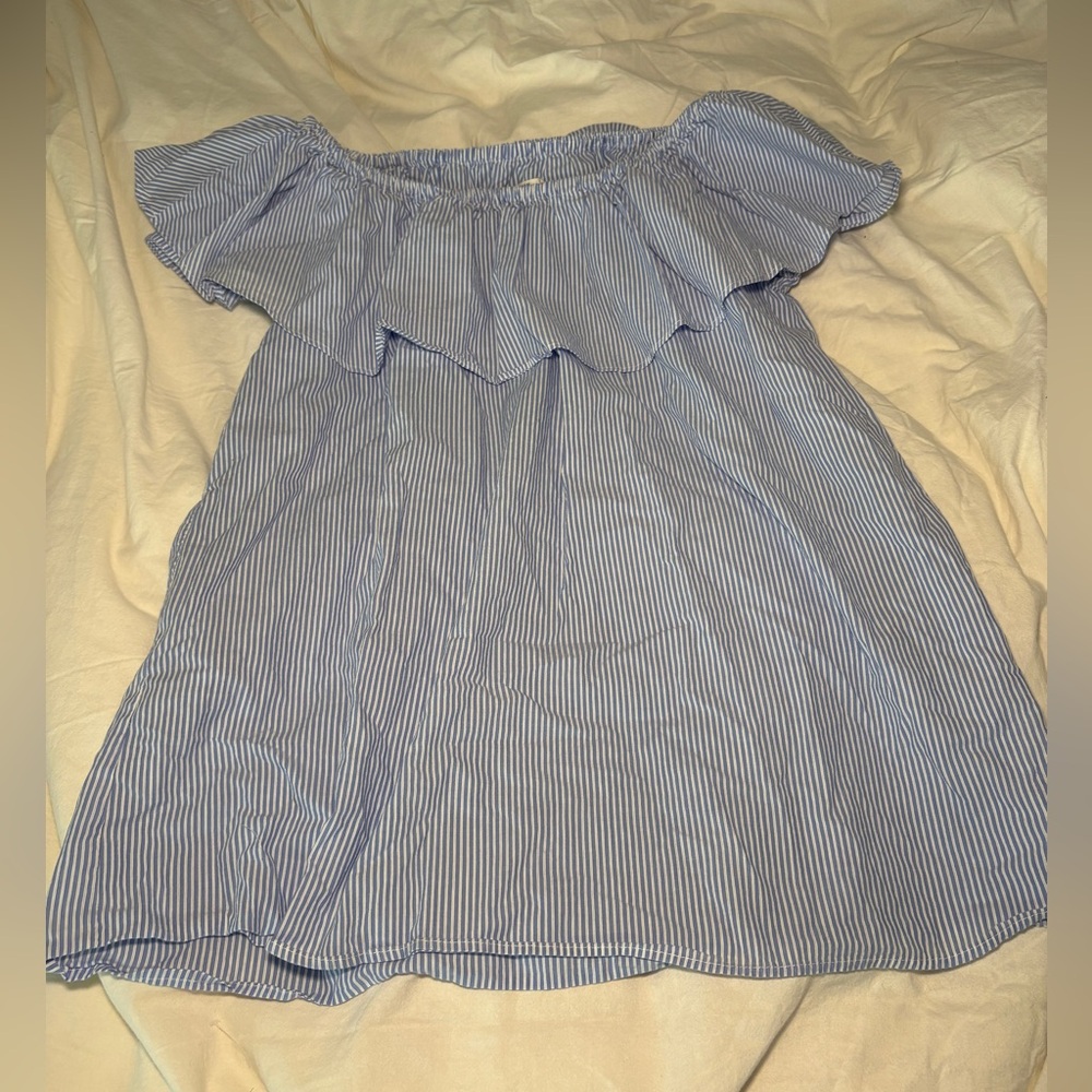 Zara Blue and White Striped Off-Shoulder dress